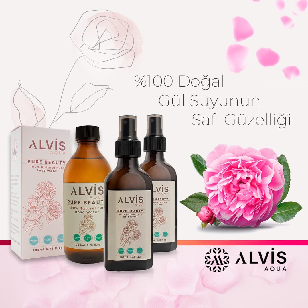 Alvis Pure Beauty gül suyu serisi için ürün tanıtımı sosyal medya görseli