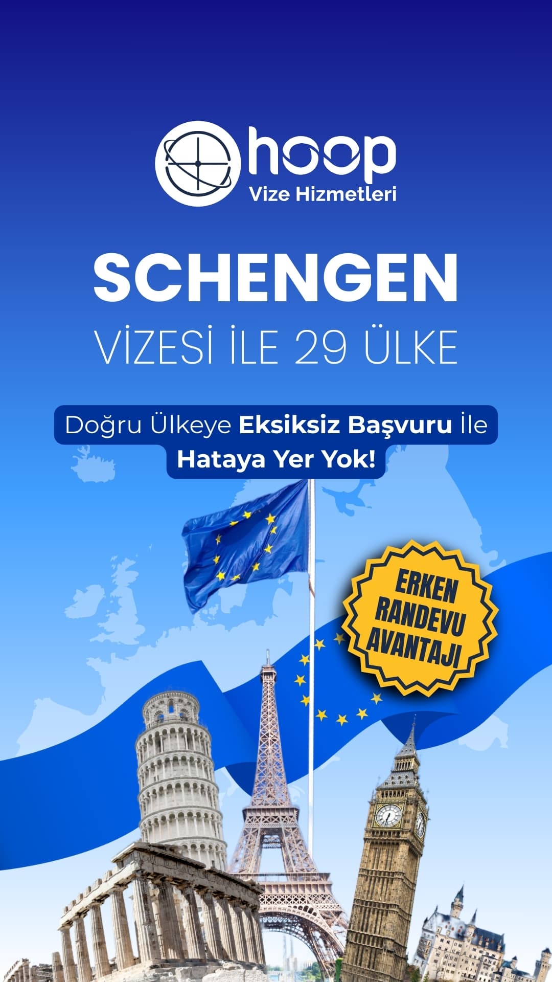 Schengen vizesi için hazırlanan dikey hikaye formatında sosyal medya görseli