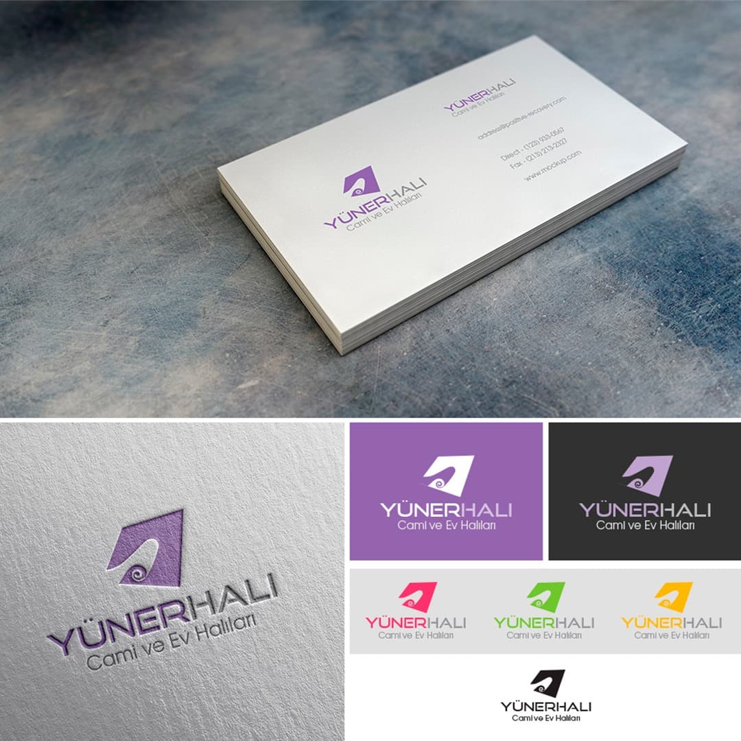 Yüner Halı logo ve kurumsal kimlik çalışması: kartvizit ve renk varyasyonları