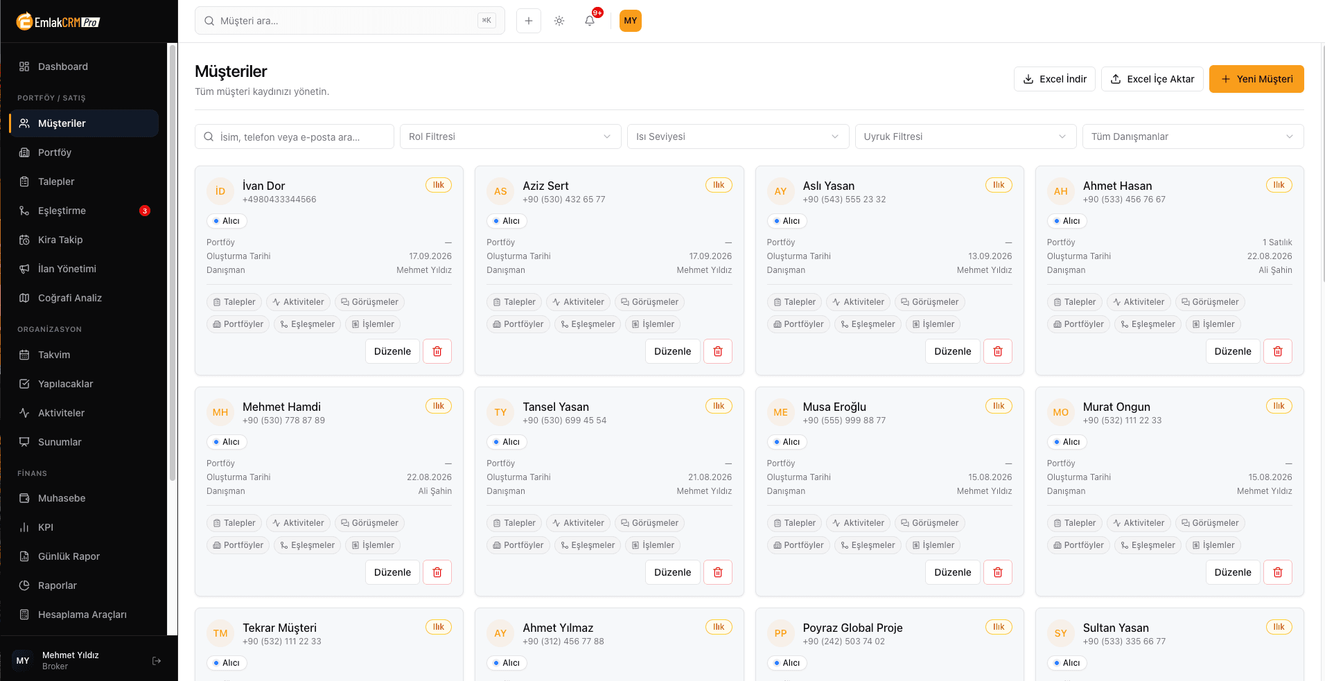 Emlak CRM Pro müşteri listesi: telefon, danışman ve görüşme bilgileriyle müşteri kartları