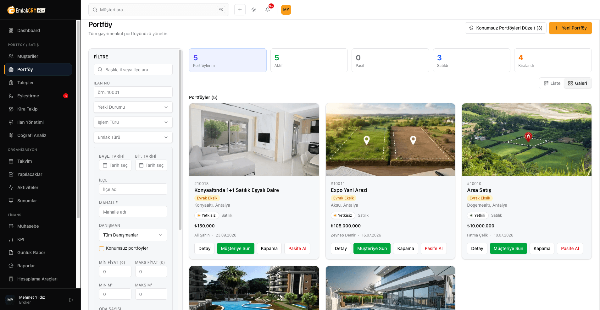 Emlak CRM Pro portföy ekranı: üstte portföy sayaçları, solda filtreler, sağda fotoğraflı ilan kartları