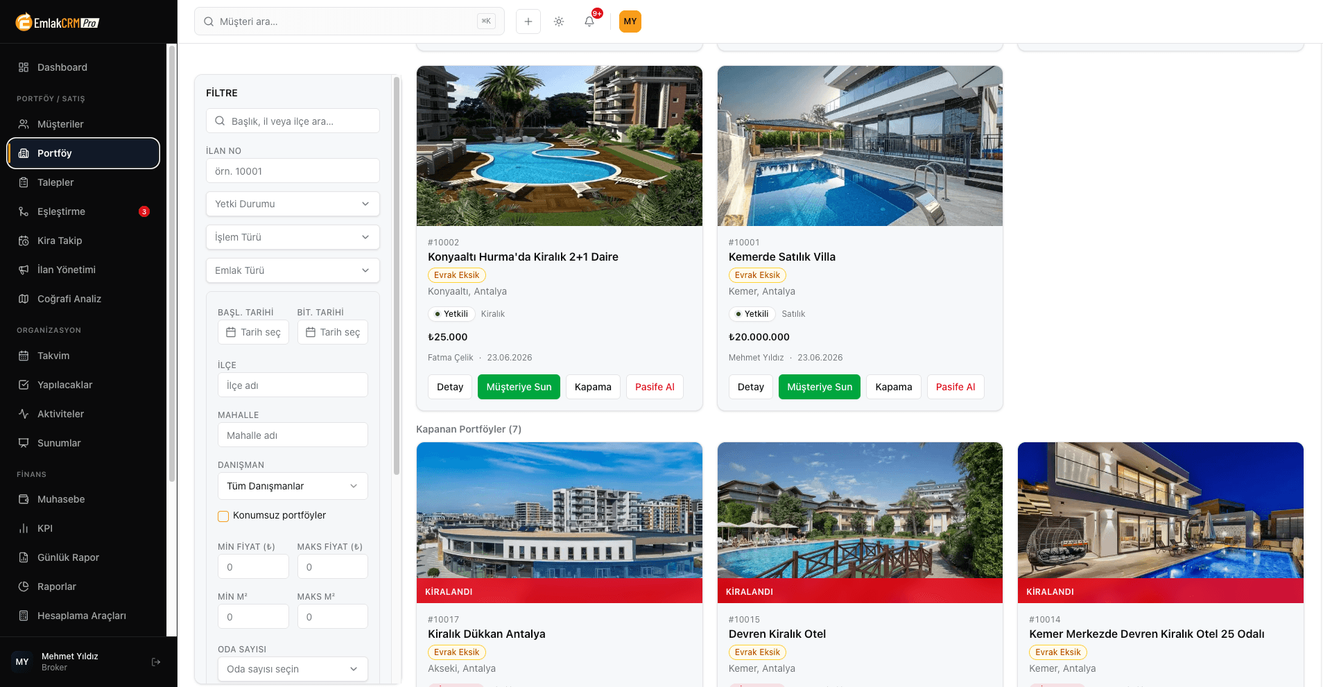 Emlak CRM Pro portföy listesi: kira ve satış durumuna göre filtrelenmiş ilan kartları ve kapanan portföyler