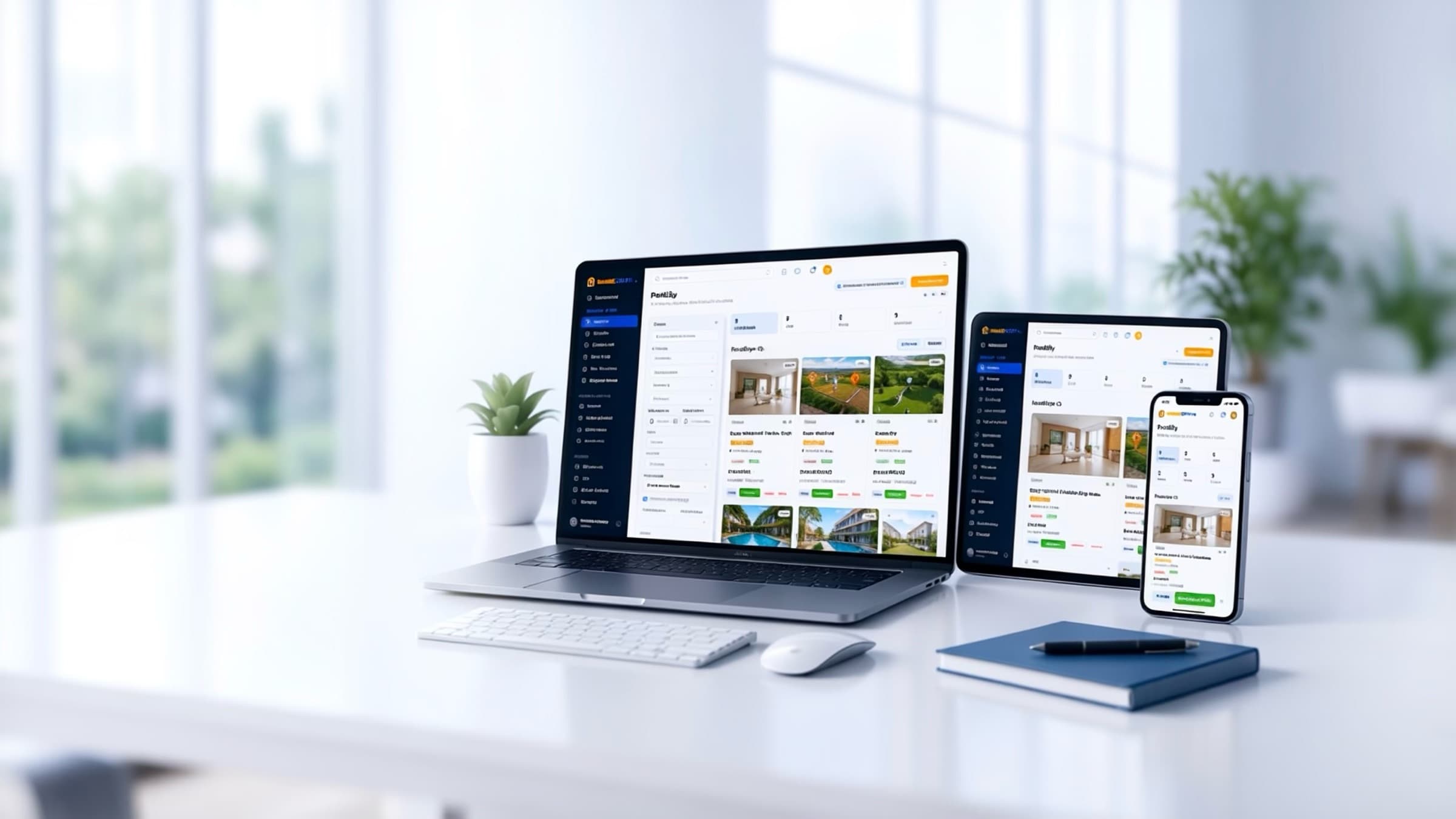 Emlak CRM Pro'nun portföy ekranı dizüstü bilgisayar, tablet ve telefonda açık